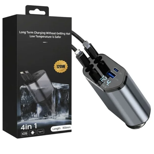 4-in-1 Retractable Car Charger 100W USB-C PD & Dual USB | Gadget Tray